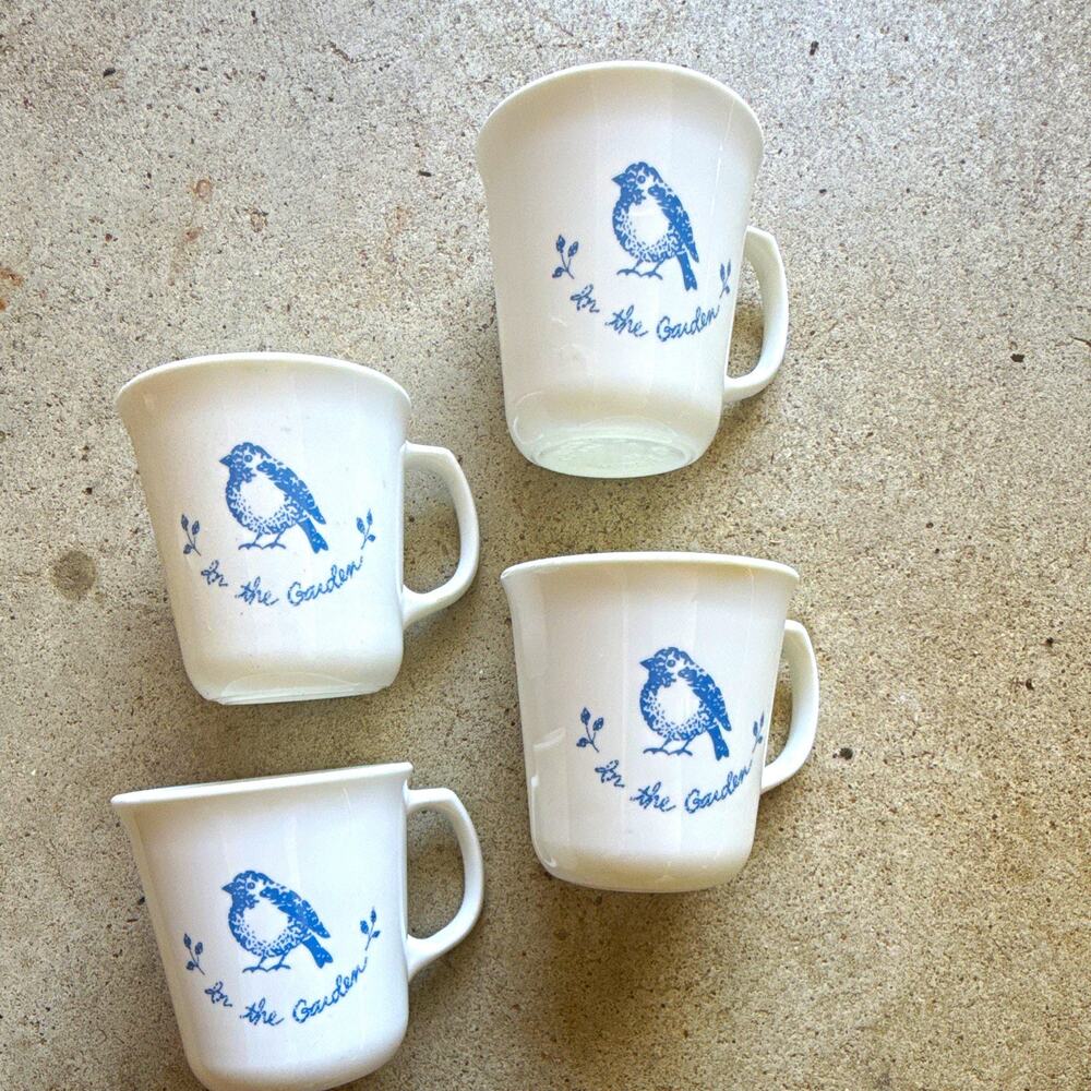 Set of 4 Corning Ware USA White/Blue Bird Pattern "In the Garden"